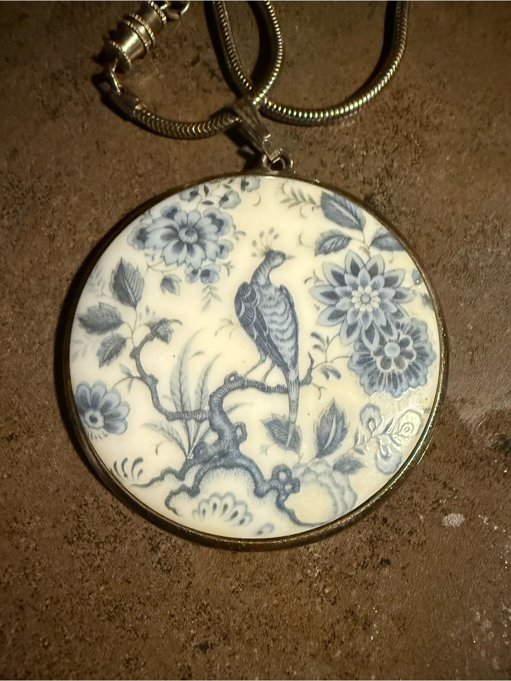 Vintage Goldette Peacock Necklace Blue White Delft Style Pendant Silver Tone